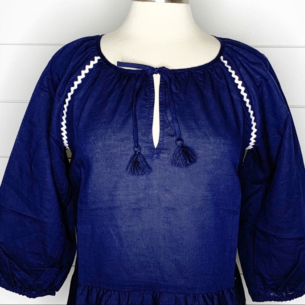 J.Crew Linen Ruffle Rickrack Trim Peasant Top Navy White XS - Picture 3 of 9